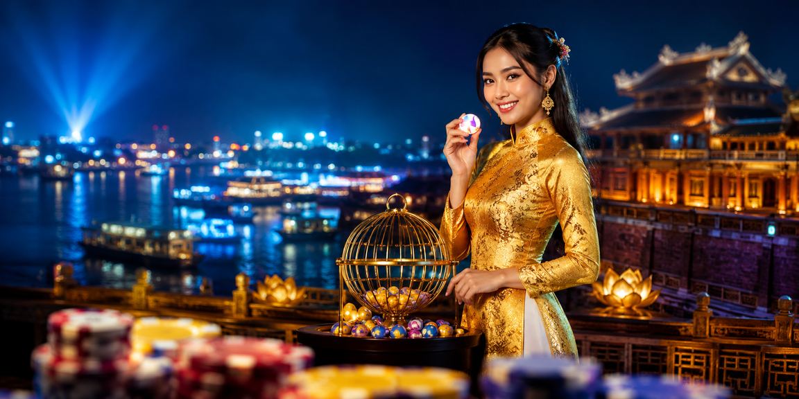 Người phụ nữ Huế trong trang phục áo dài xem kết quả xổ số trực tuyến