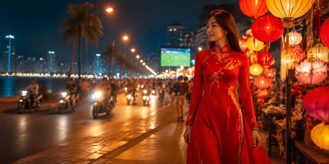 Người hâm mộ bóng đá tại Nha Trang mặc áo dài xem kèo trước trận đấu